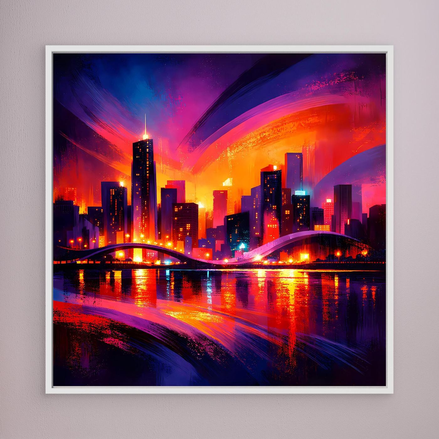 Großstadt-Wandbild mit Skyline bei Nacht, weiß gerahmt, farbintensiver Neon-Look