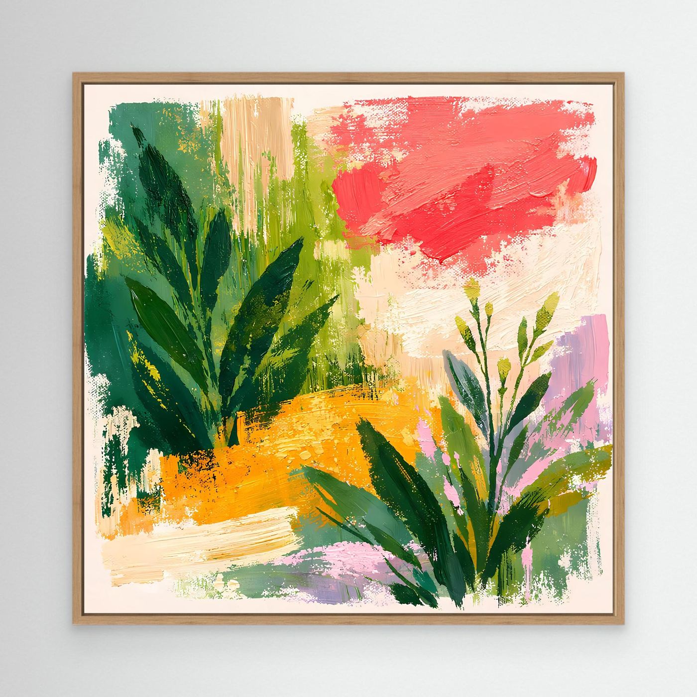 Abstract botanical landscape canvas print in a brown oak frame with green leaves