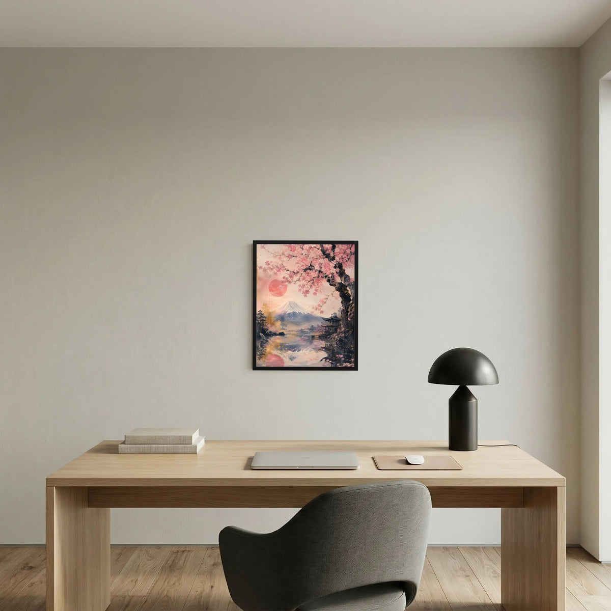 Gerahmtes Poster mit Kirschblüten über Fuji-Landschaft in Rosa, schwarzer Rahmen.