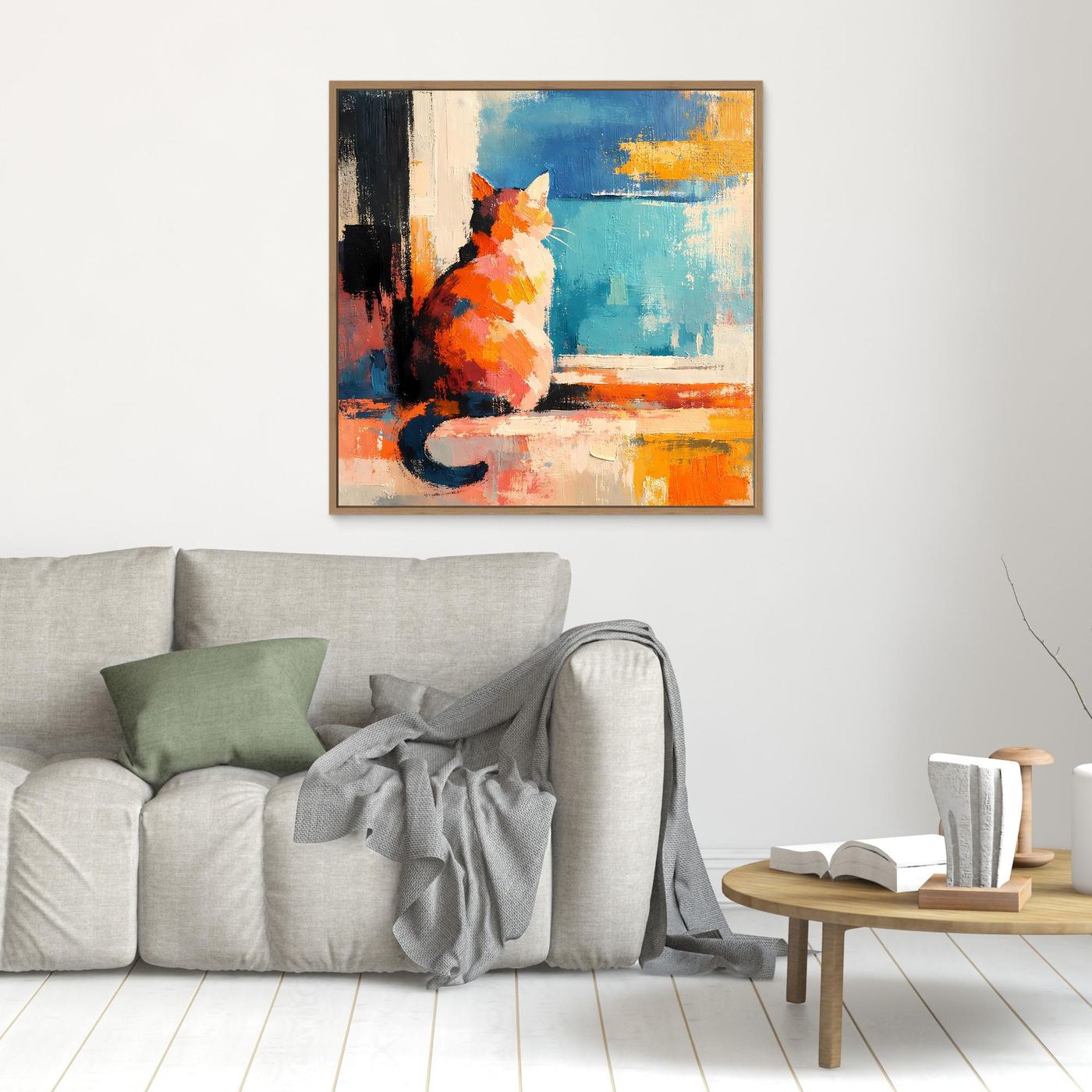 Abstract cat wall art, orange and blue window scene, cat sitting, brown wood frame