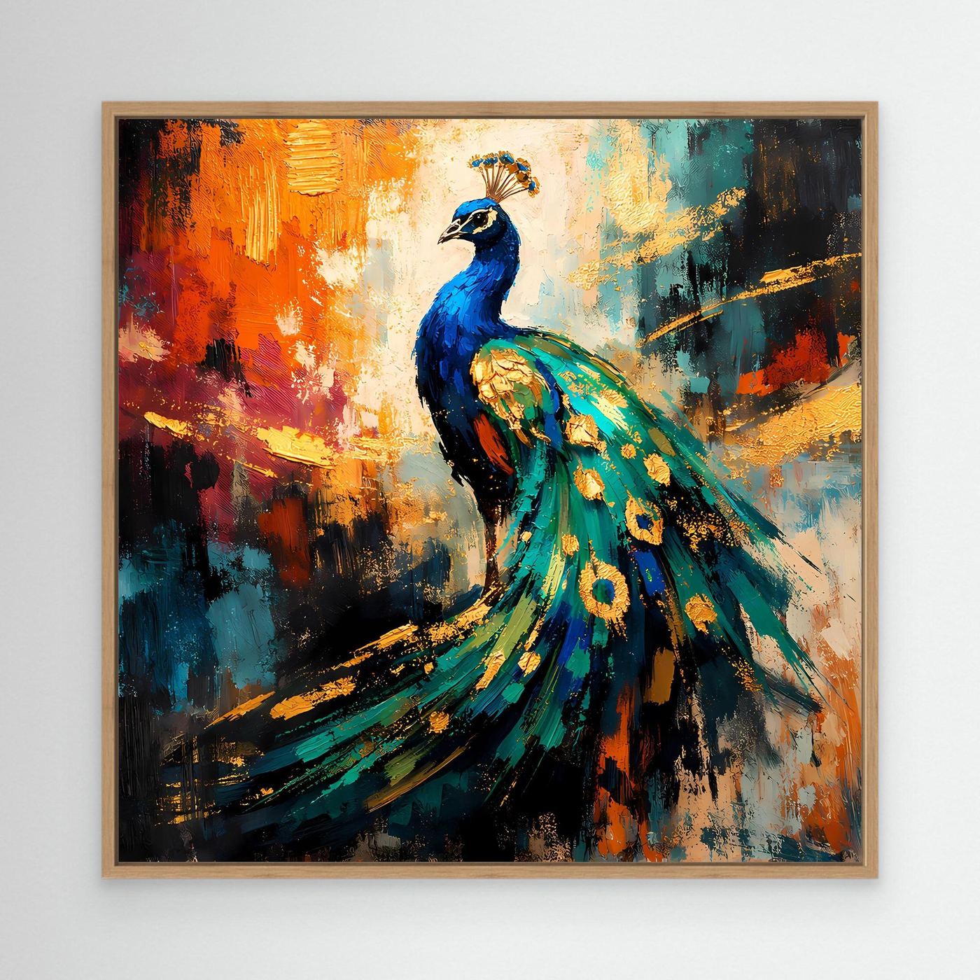 Leinwandbild mit leuchtendem Pfau, abstrakt gemalt, Eichenrahmen