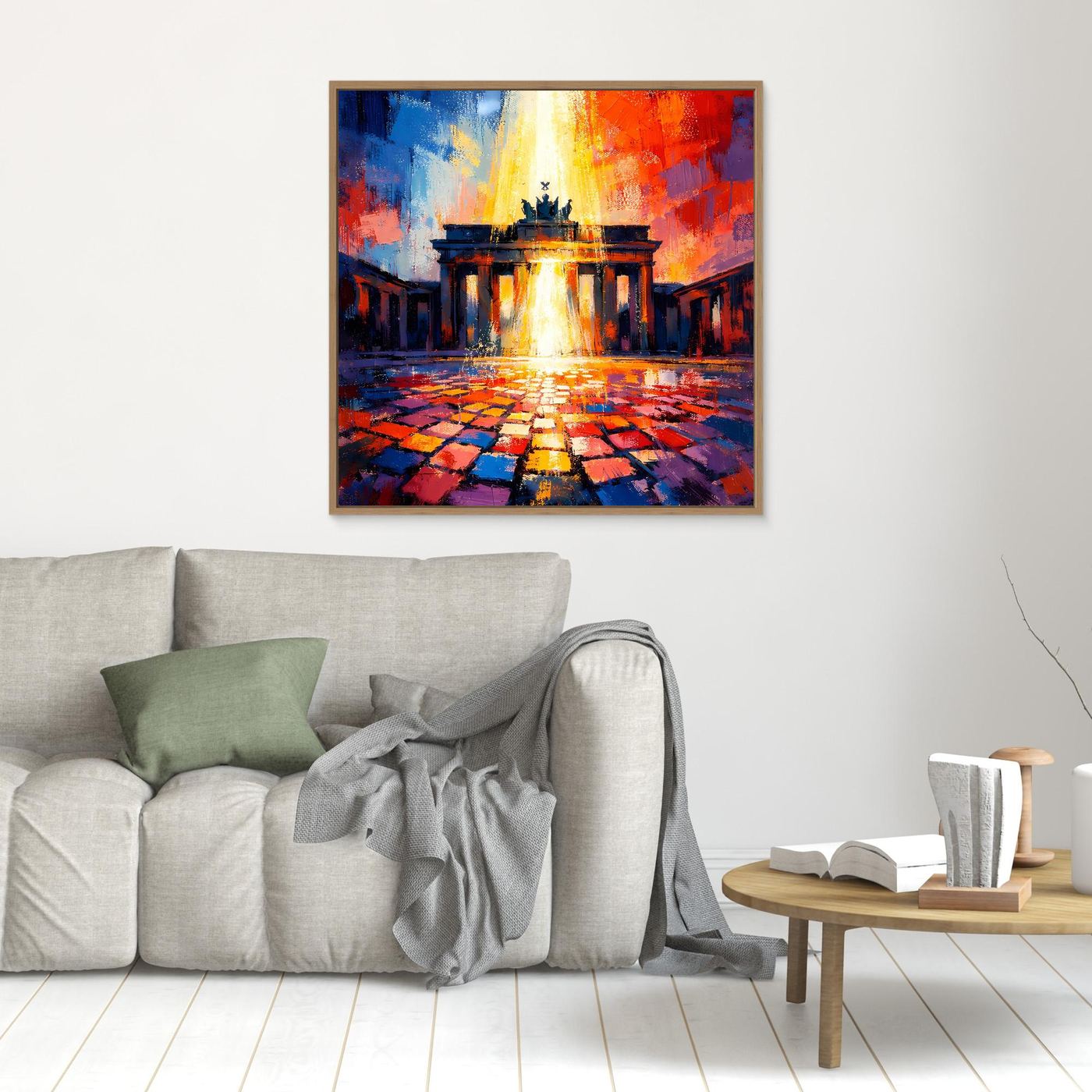 Wandbild mit abstraktem Brandenburger Tor, brauner Holzrahmen, farbige Reflexe auf dem Weg