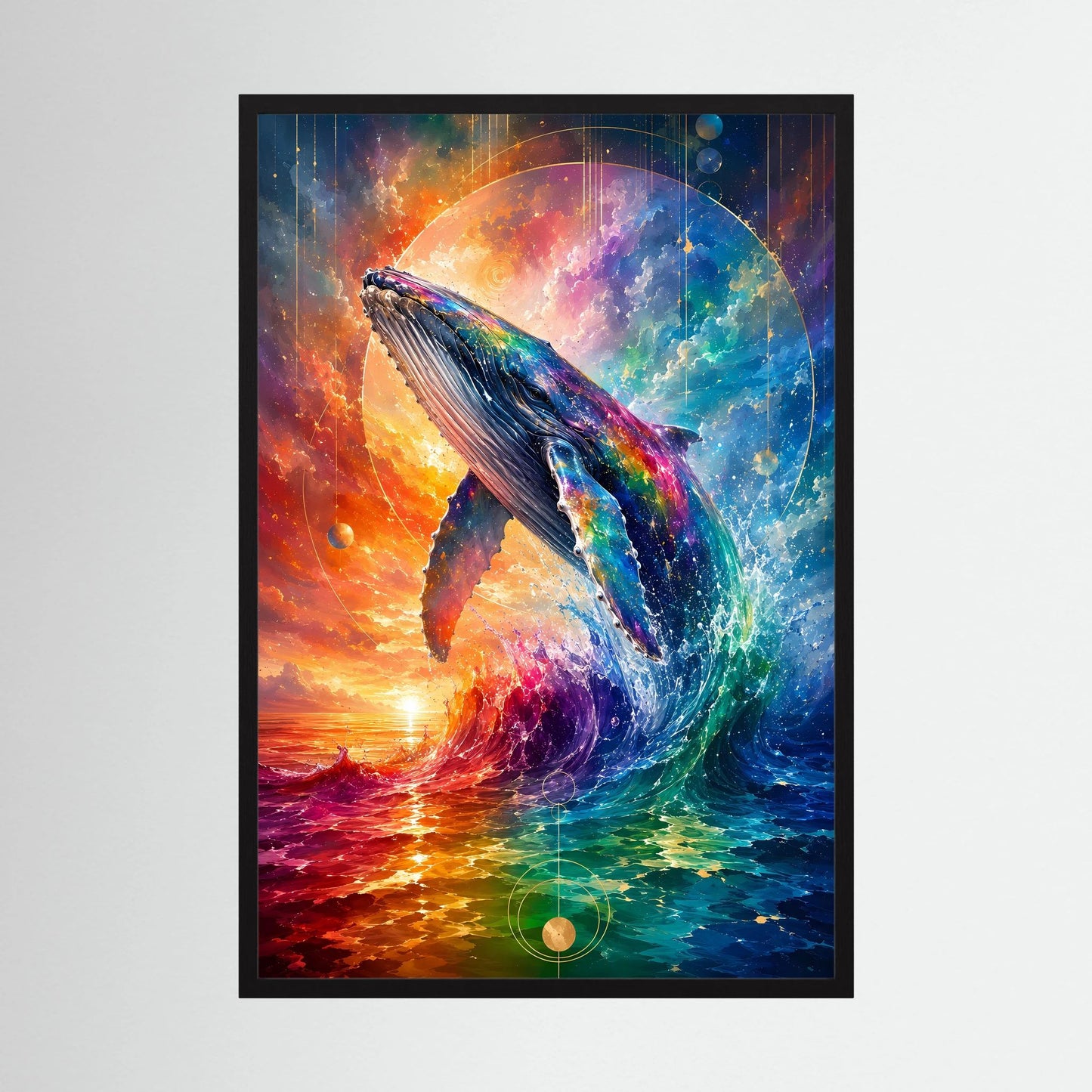 Poster im Hochformat mit farbenprächtigem Wal und regenbogenfarbenem Meer