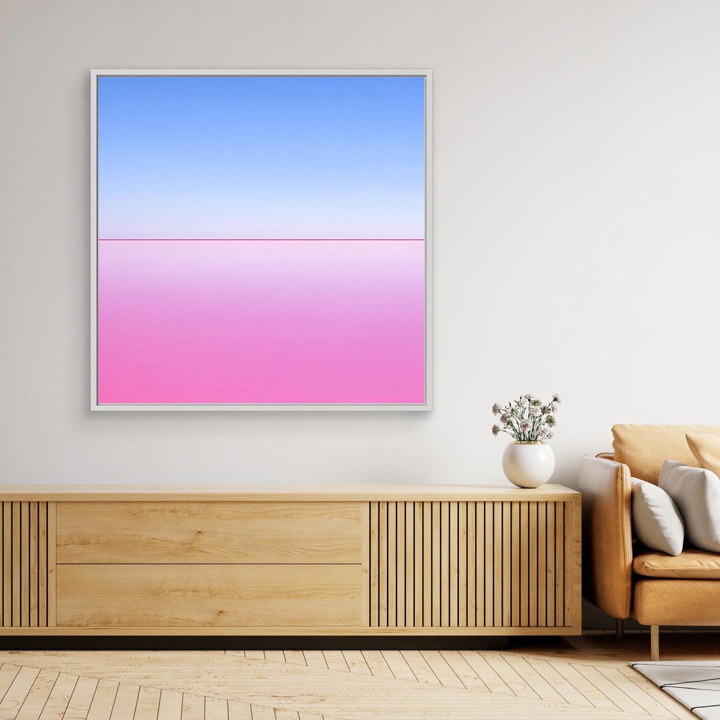 Gerahmtes Leinwandbild mit abstraktem Horizont in Pink und Hellblau, silberner Rahmen