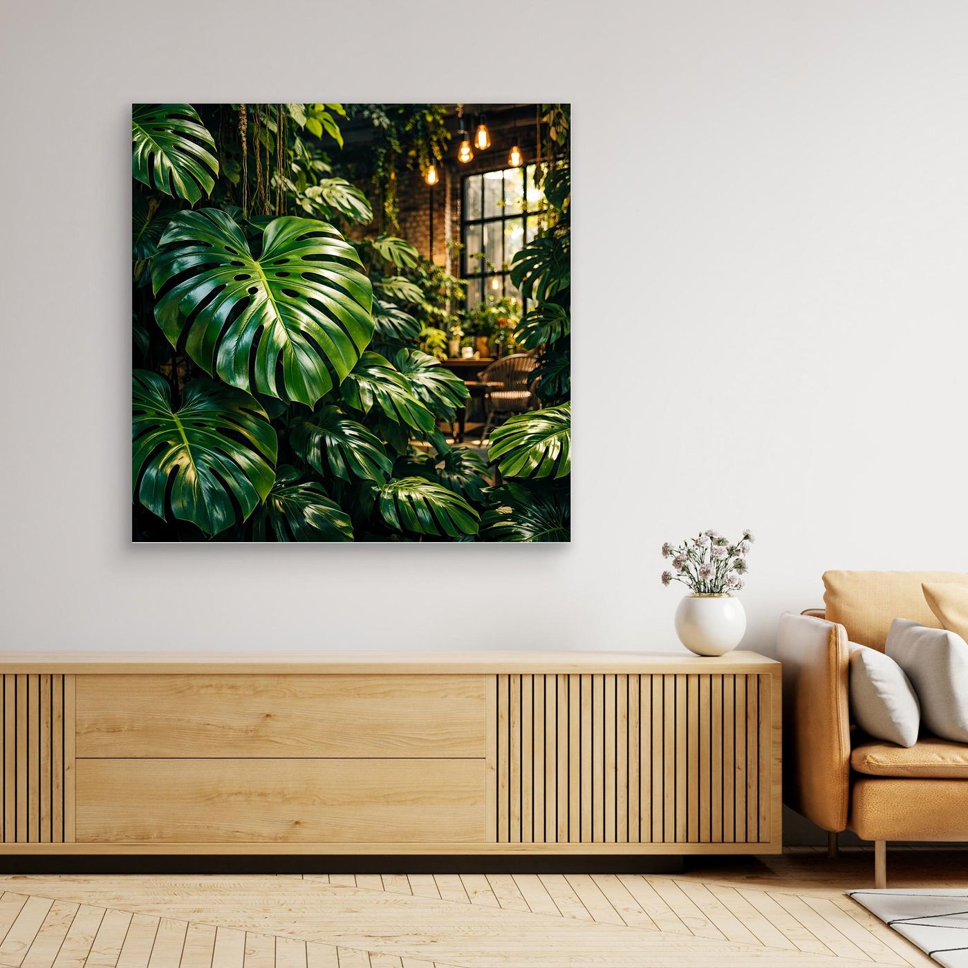 Leinwandbild mit grünen Monstera-Blättern und Dschungelweg, dunkel gerahmt