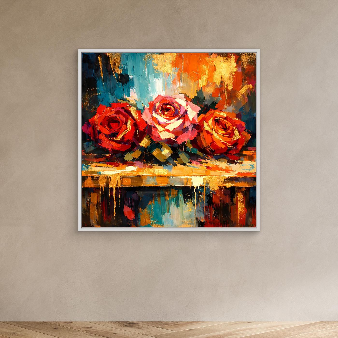 Abstraktes Rosen-Leinwandbild mit bunten Pinselstrichen, weißer Rahmen