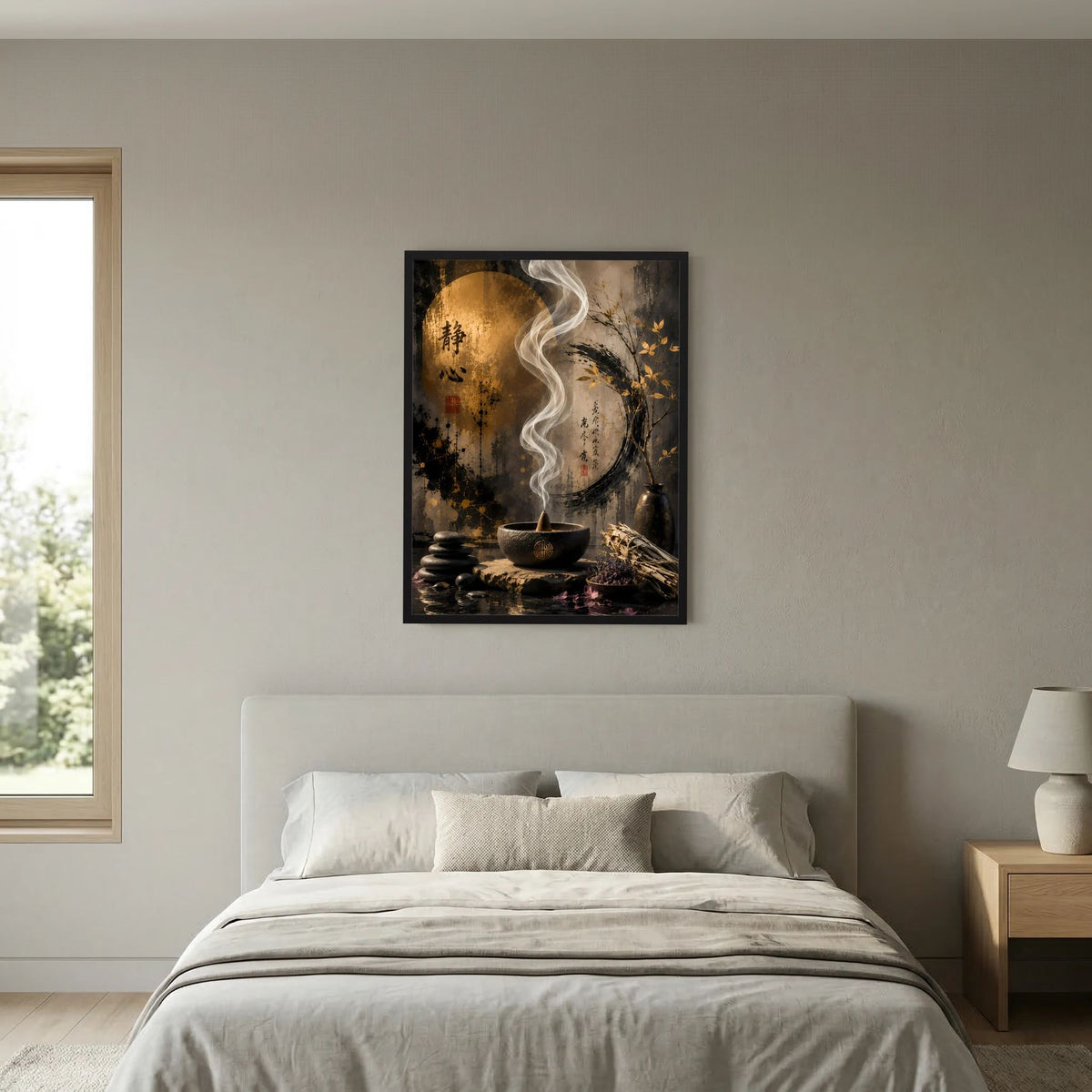 Schlicht gerahmter Hochformat-Poster mit goldener Kreisform, Räucherschale und Rauch