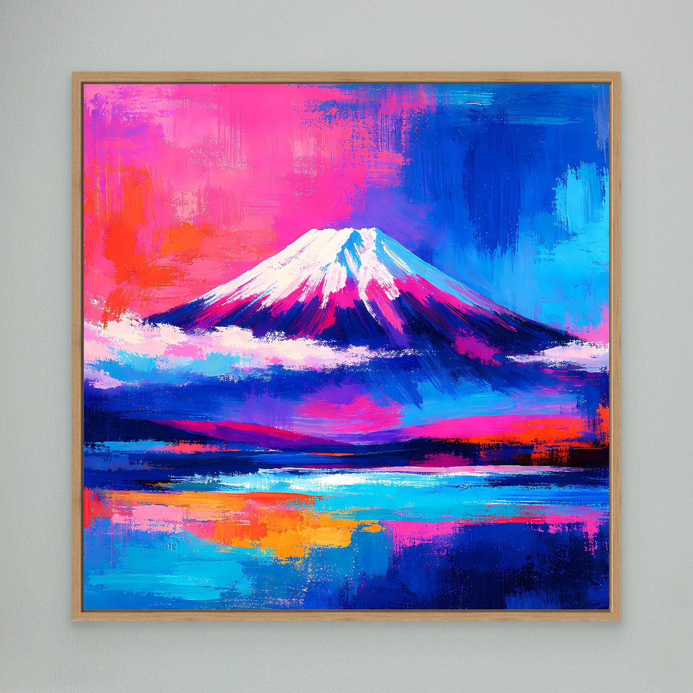 Leinwandbild Abstrakter Fuji bei Sonnenuntergang | Farbenfrohes Berg Wandbild auf echtem Holzkeilrahmen