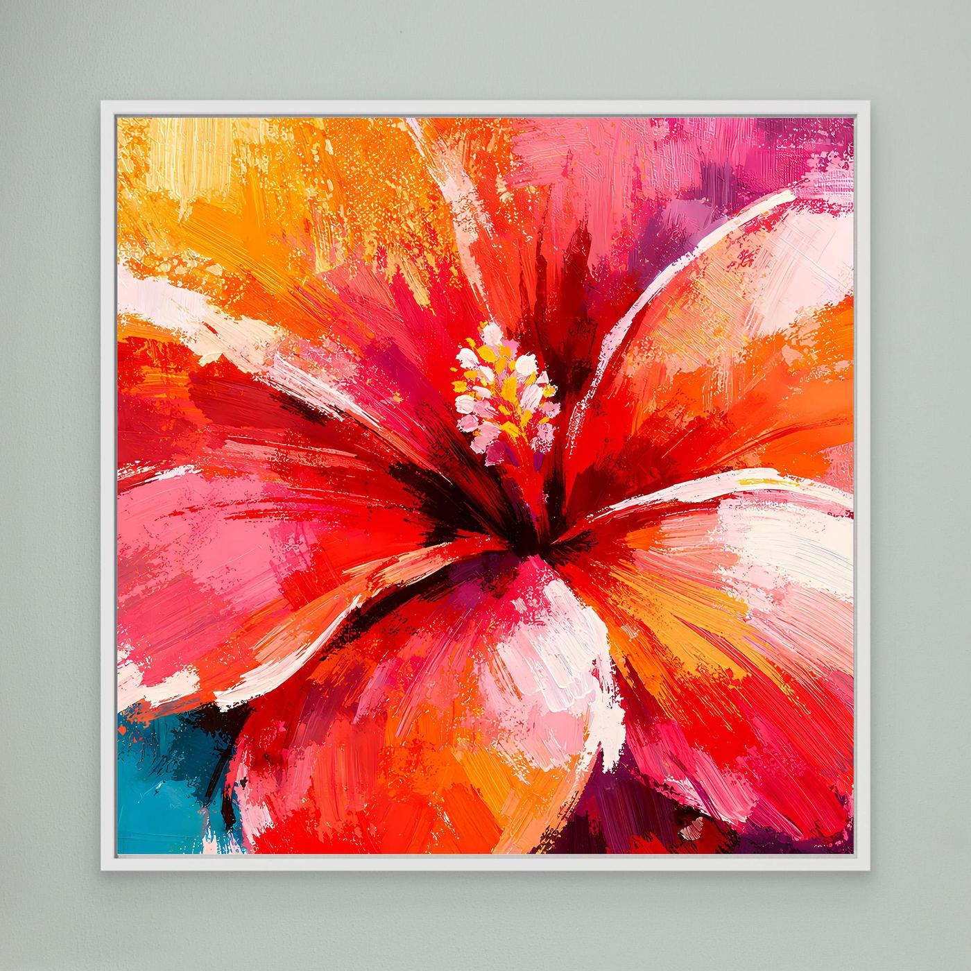 Leinwand Abstraktes Hibiskus Blütenbild | Modernes Tropen Wandbild Rot Pink