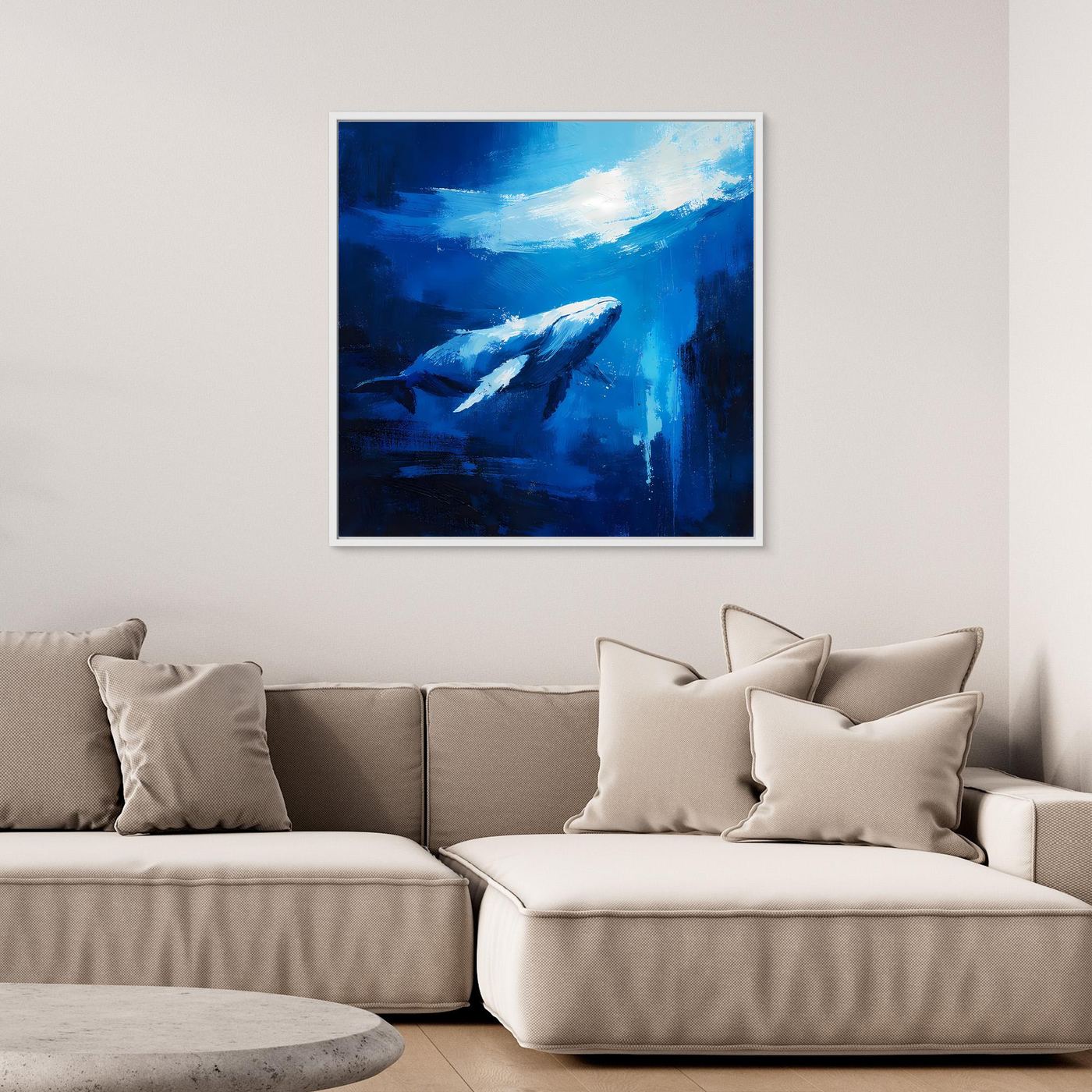 Premium Leinwand Majestätischer Wal im Ozean | Abstraktes Kunst Poster Modernes Blaues Wandbild