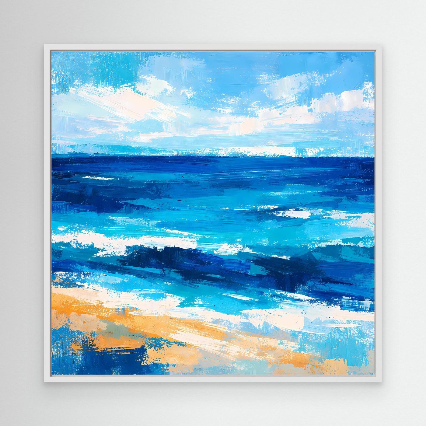 Abstract ocean canvas wall art with blue waves and cloudlike streaks, unframed
