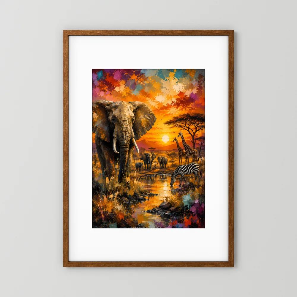 Hochformatiges Safari-Poster mit Elefant, Zebra und Sonnenuntergangsszene im Holzrahmen