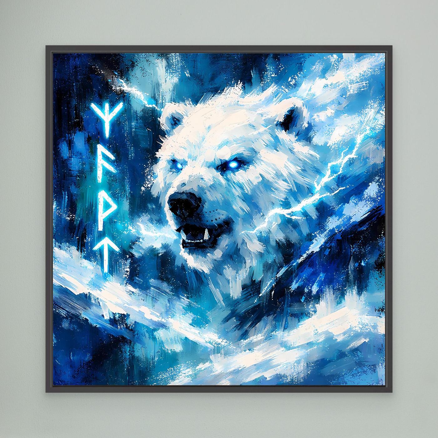 Leinwand-Wandbild: blauer Eisbär mit Runen, abstrakte Lichtstrahlen im schwarzen Rahmen