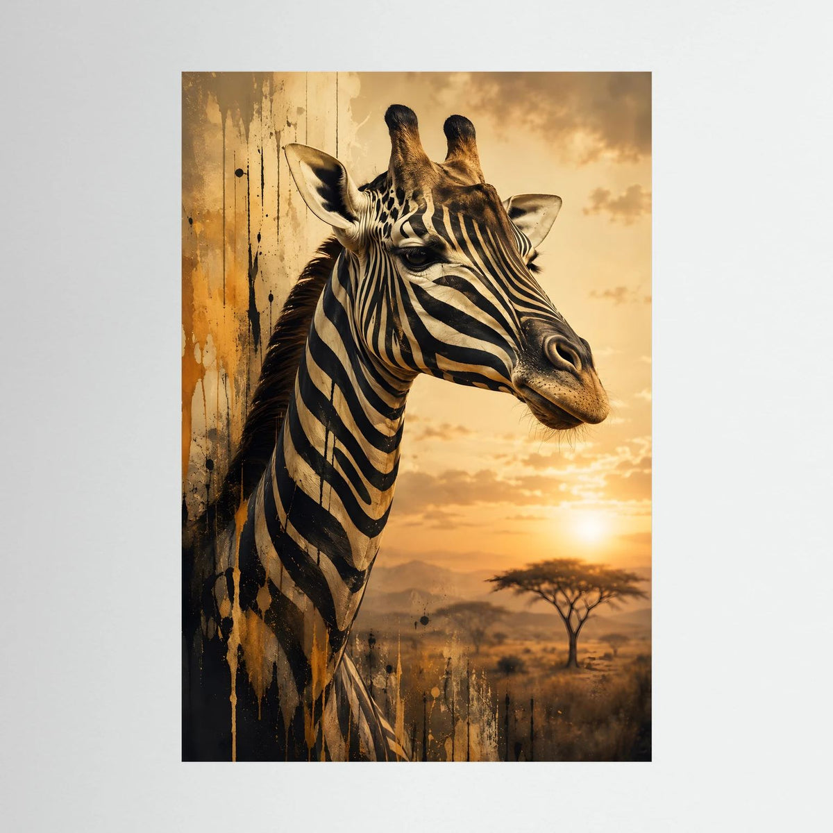 Ungerahmtes Giraffen-Tierposter im Zebra-Look, goldener Himmel, stehende Giraffe
