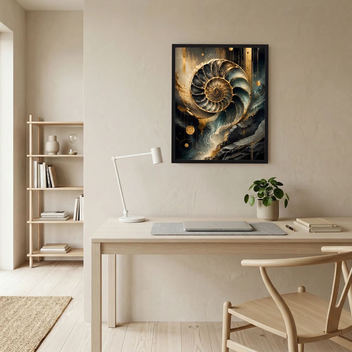 Wandposter im schwarzen Rahmen mit goldener Ammonit-Spirale und türkis-grauen Akzenten
