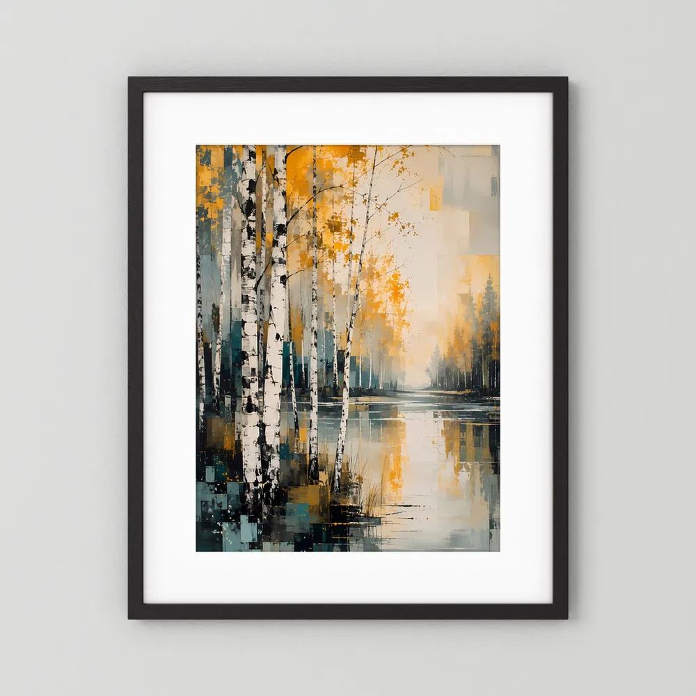 Abstraktes Herbstlandschaft-Poster Gold und Petrol, schwarzer Rahmen mit weißem Rand