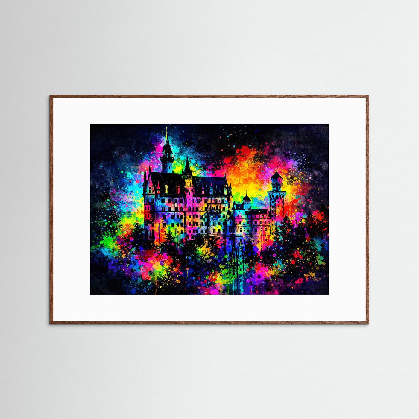 Märchenschloss Neuschwanstein in Farbexplosion | Buntes Schloss Wandbild & Kunst Poster Querformat
