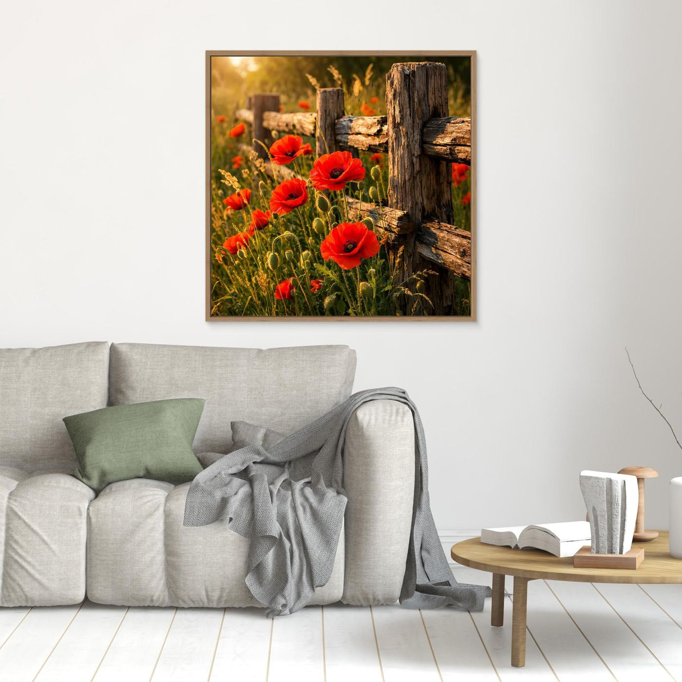 Gerahmtes Leinwandbild mit roten Mohnblumen am Holz-Zaun, brauner Rahmen