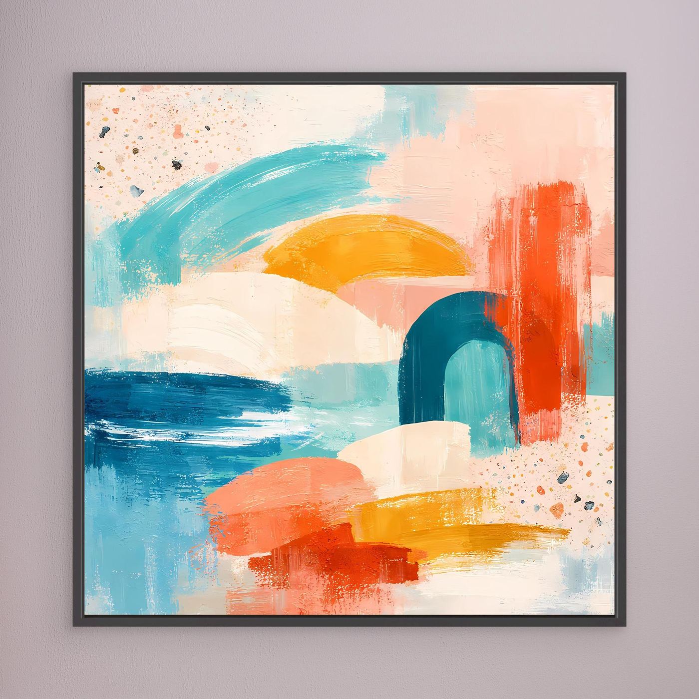 Black-framed abstract pastel canvas with teal, coral, blue, and yellow layered brushstrokes.