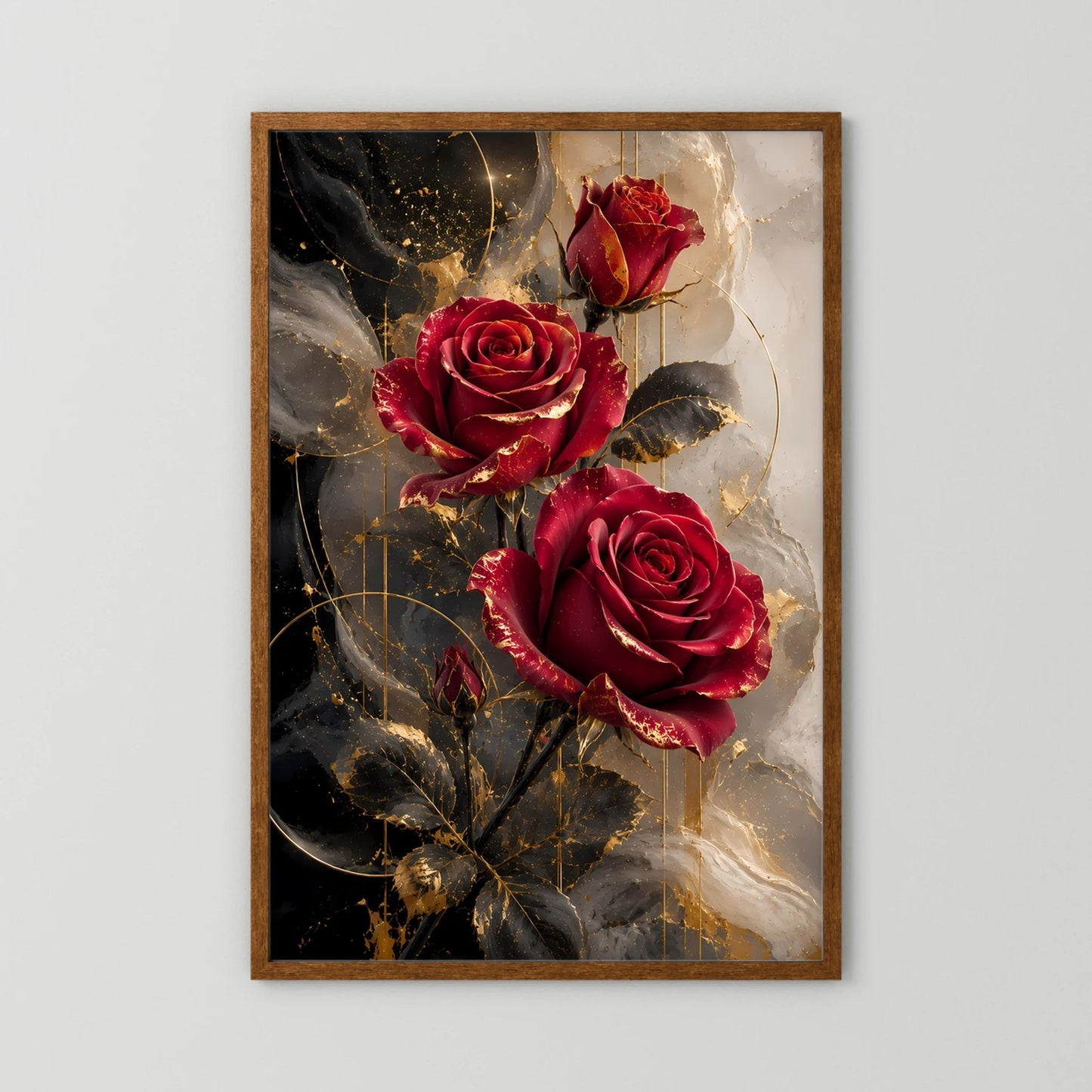 Gerahmtes Poster mit rubinroten Rosen, schwarzem Blattwerk und Goldakzenten, hochformatig