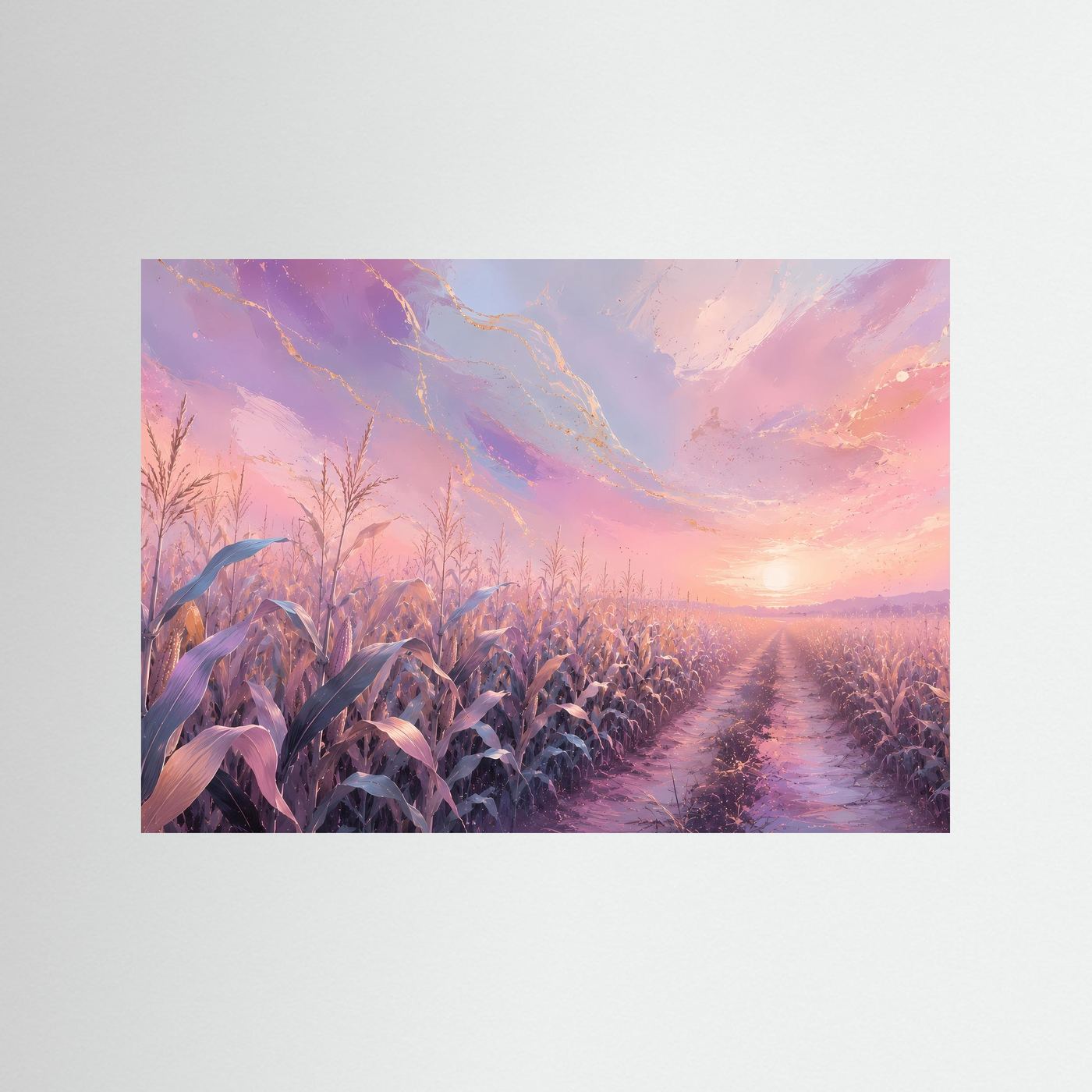 Pastellfarbenes Maisfeld im Sonnenaufgang | Romantisches Landschafts Poster Querformat