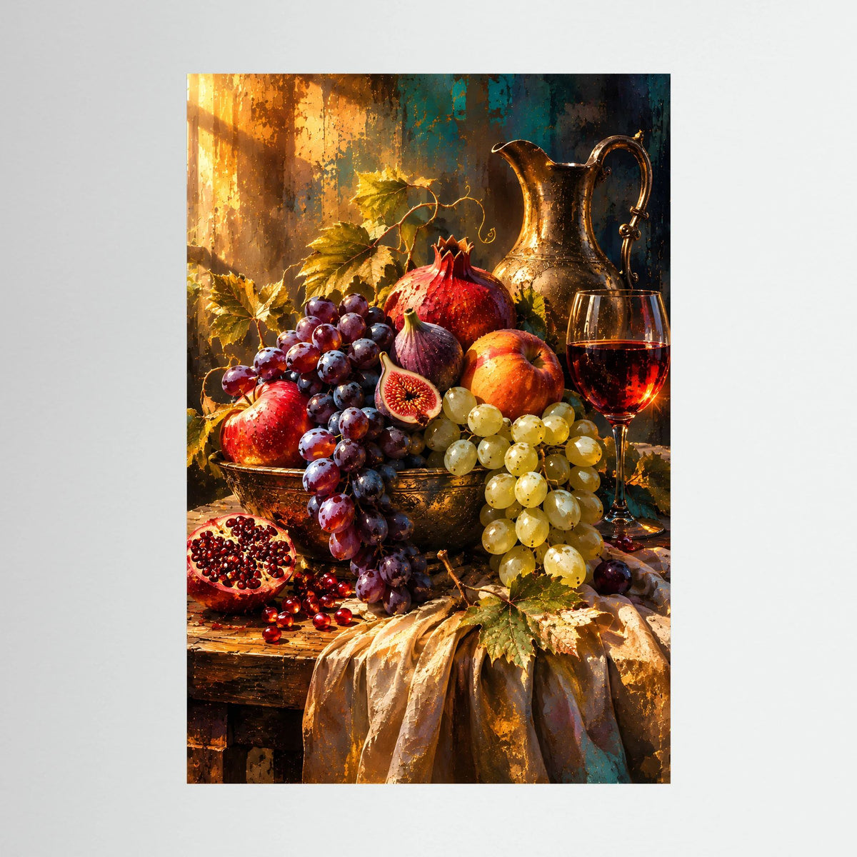 Stillleben-Poster mit Trauben, Feigen, Granatapfel und Wein im goldenen Farbton