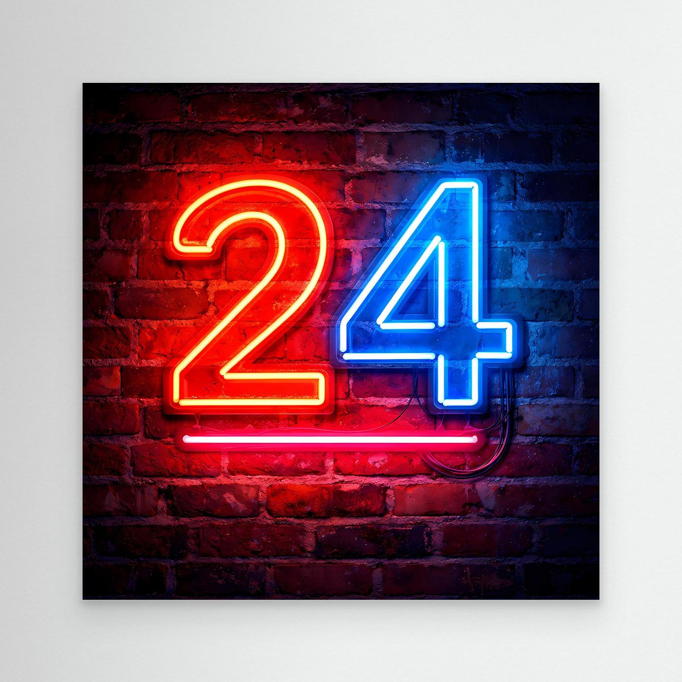 Neon-Wandbild mit Zahl 24, rot-blau auf Backstein, ohne sichtbaren Rahmen