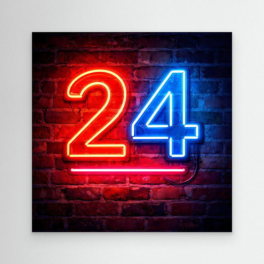 Neon-Wandbild mit Zahl 24, rot-blau auf Backstein, ohne sichtbaren Rahmen