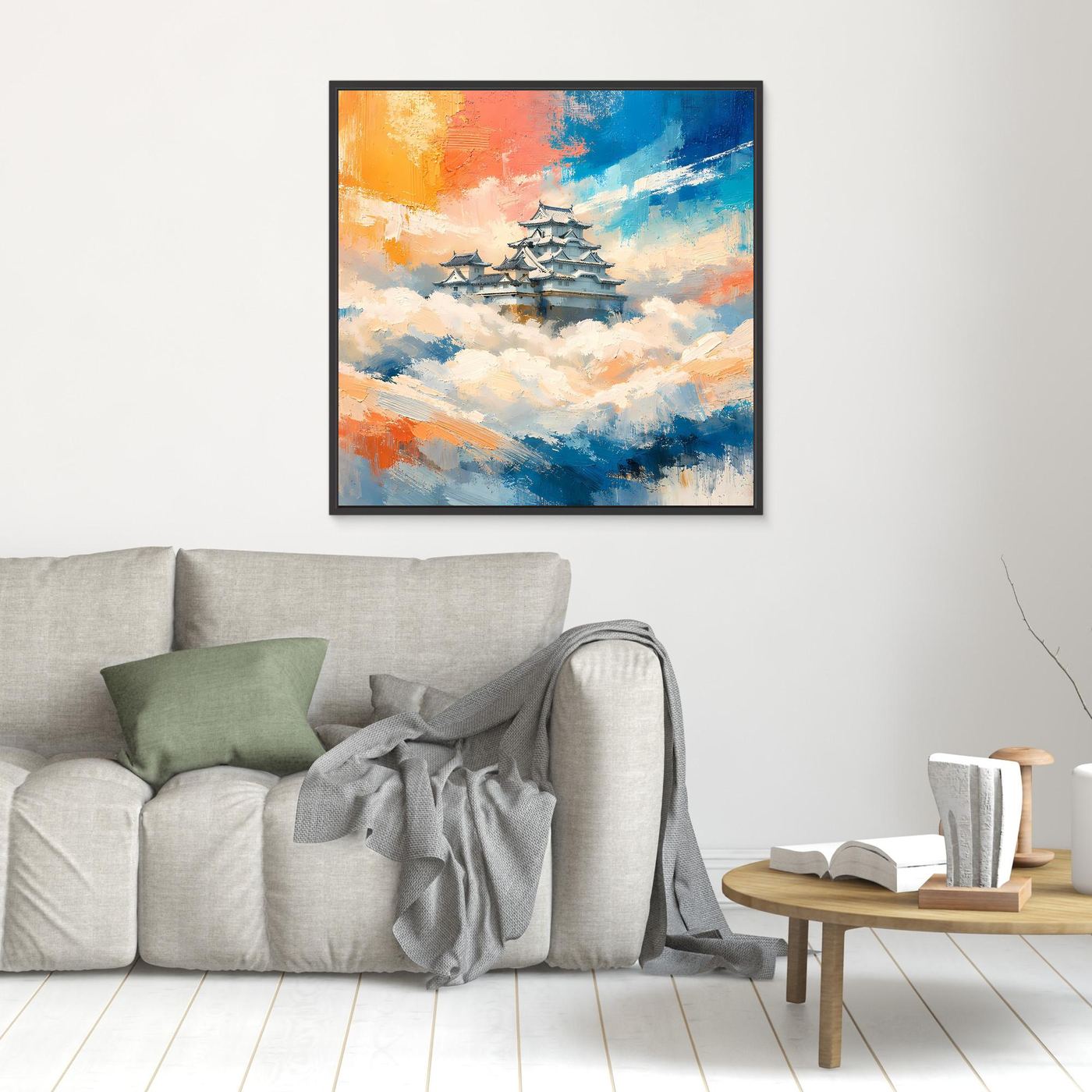Leinwand Traditionelle Japanische Burg über den Wolken | Fernöstliches Wandbild auf echter Leinwand