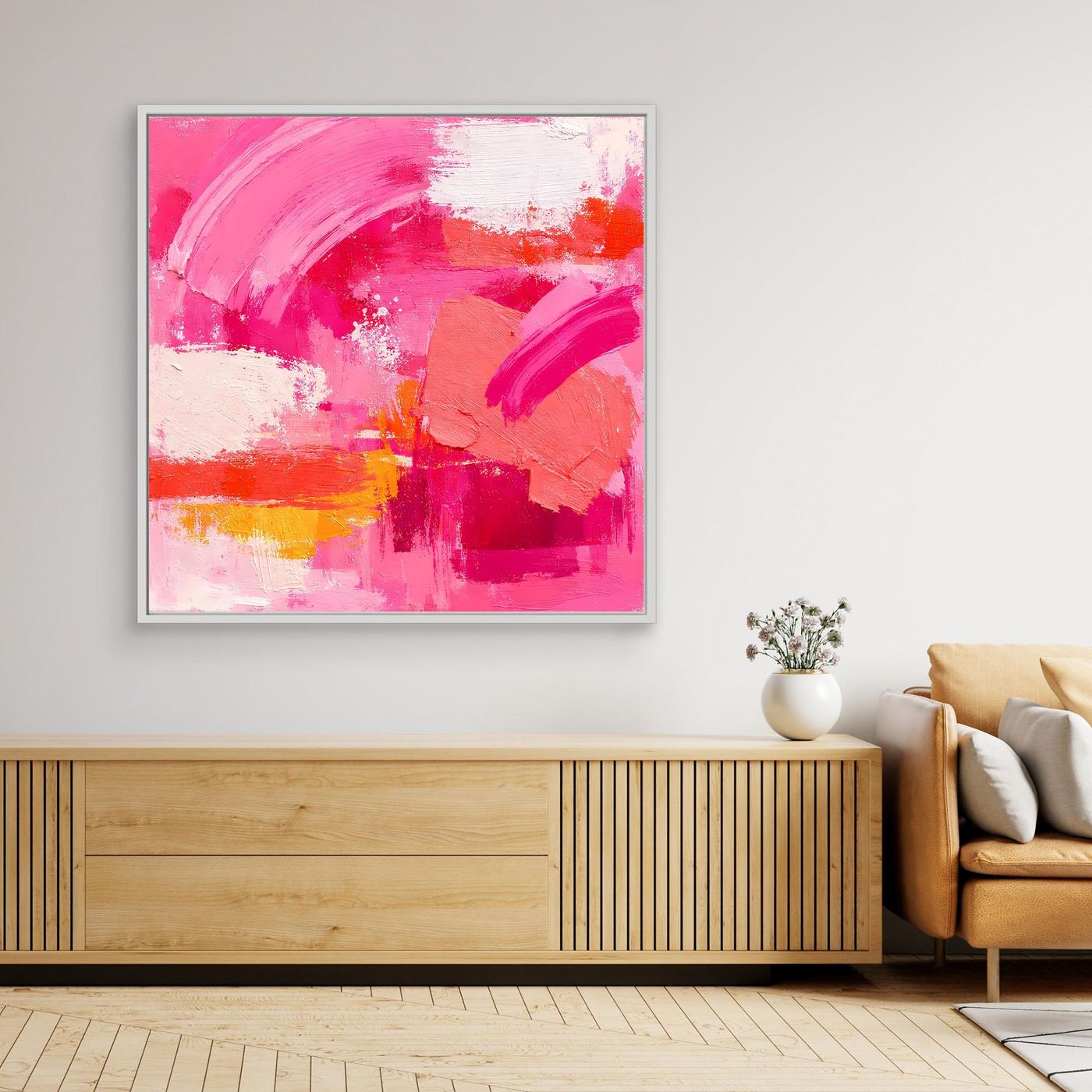 Gerahmtes abstraktes Wandbild mit rosa und weißen Farbflächen sowie breiten Pinselstrichen.