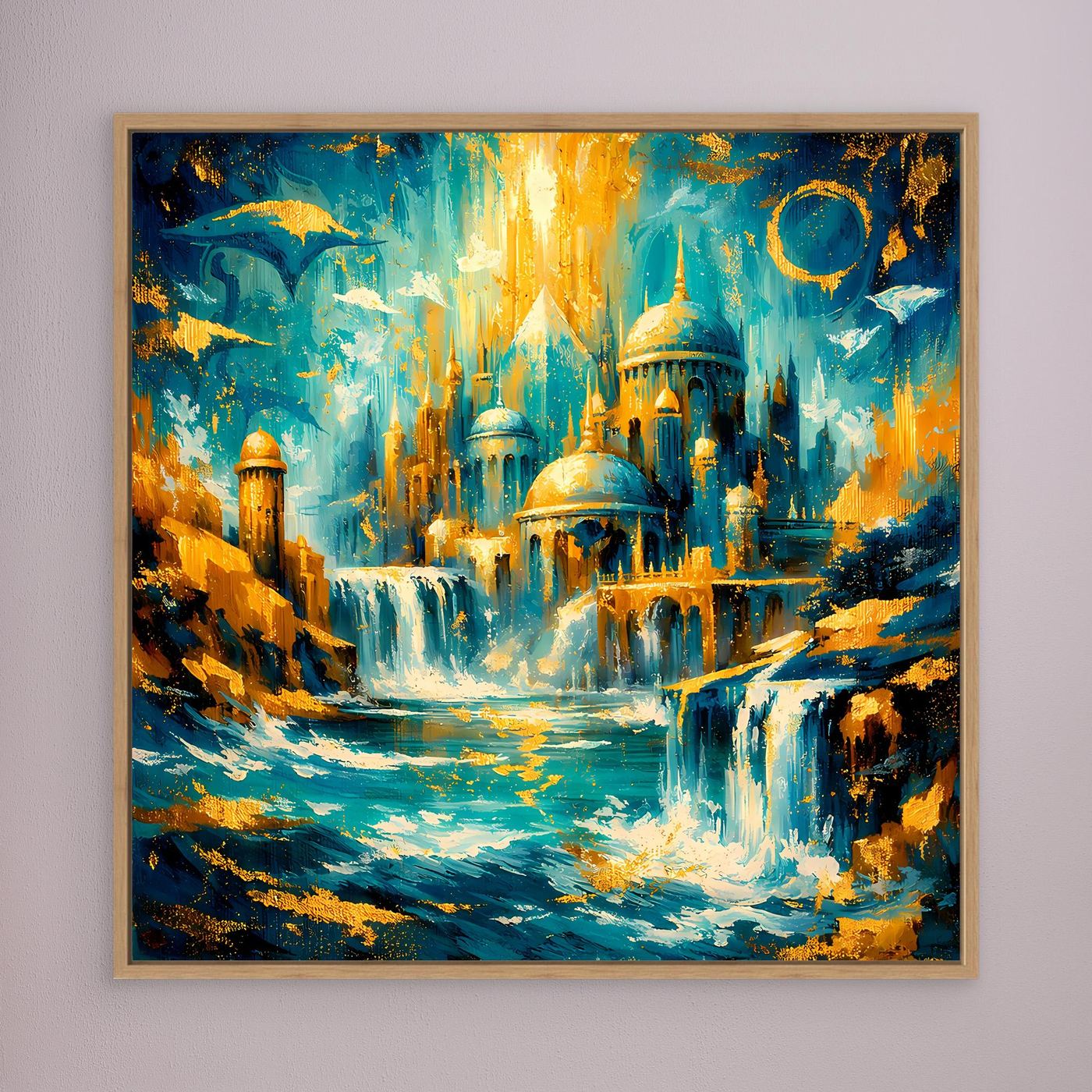 Leinwandbild mit abstrakter Fantasystadt, türkis und gold, goldbraun gerahmt