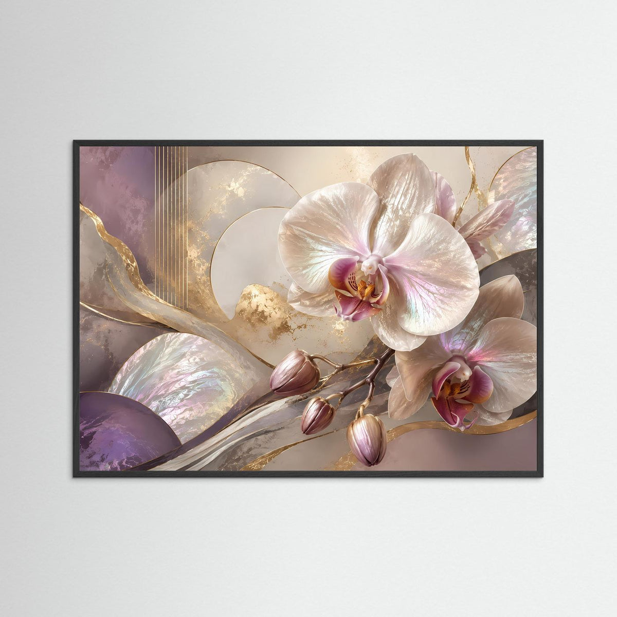 Blumenposter Querformat mit weißen Orchideen in Rosé, mit goldenen Akzenten, schwarzer Rahmen