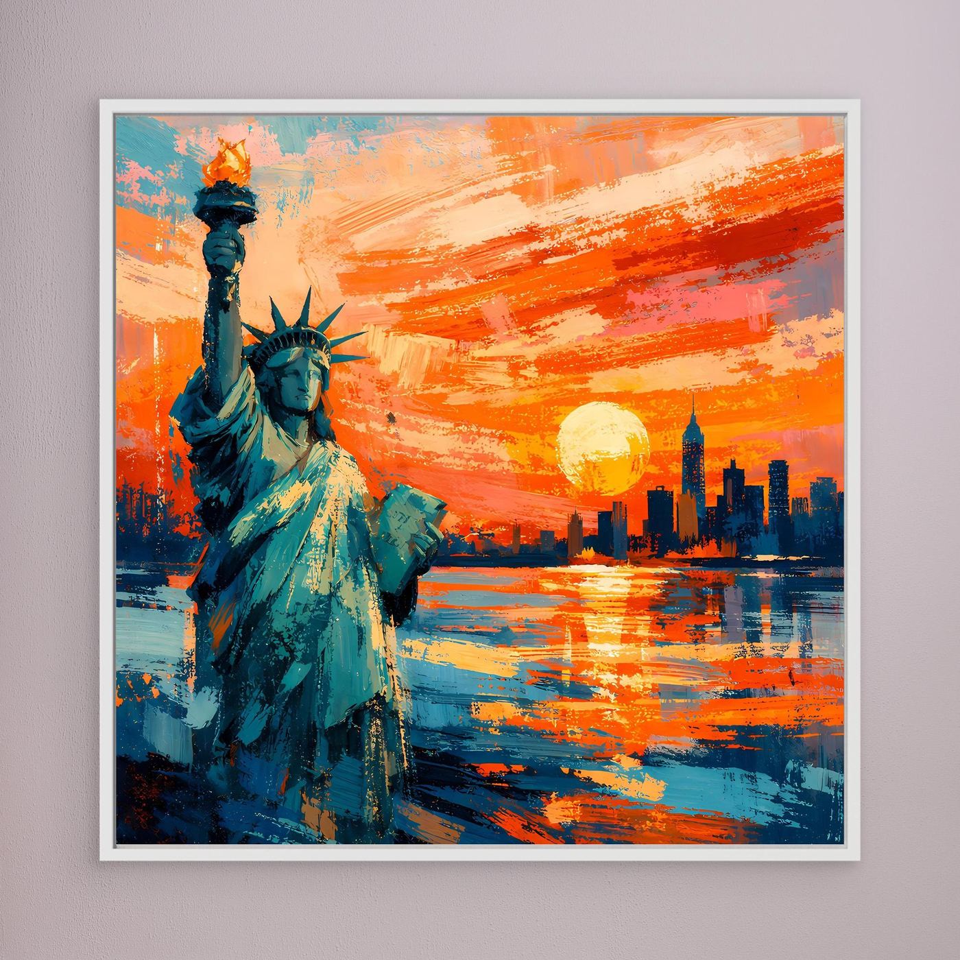 Leinwand-Wandbild mit Freiheitsstatue in türkis und orangefarbenem Sonnenuntergang, Stadtlinie
