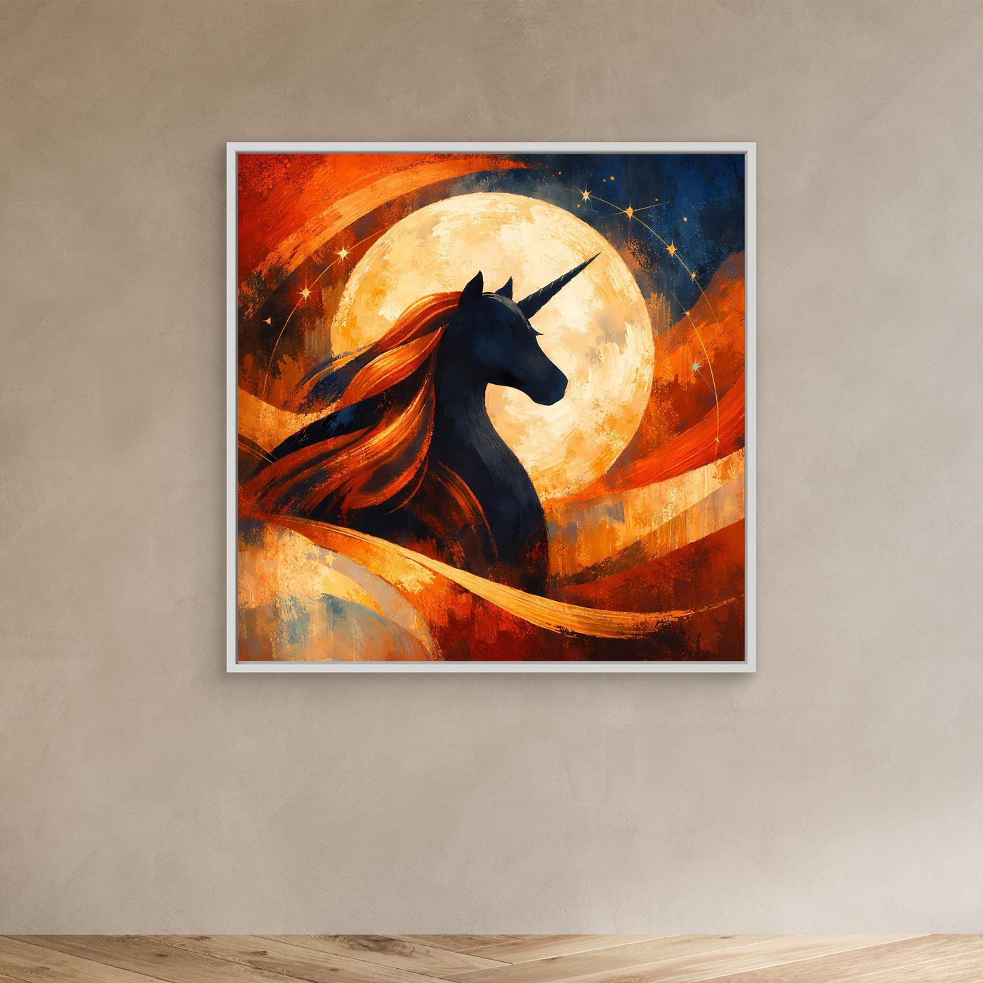 Leinwandbild mit Einhorn-Silhouette im Vollmond, weißer Rahmen, orangefarbene Strahlen