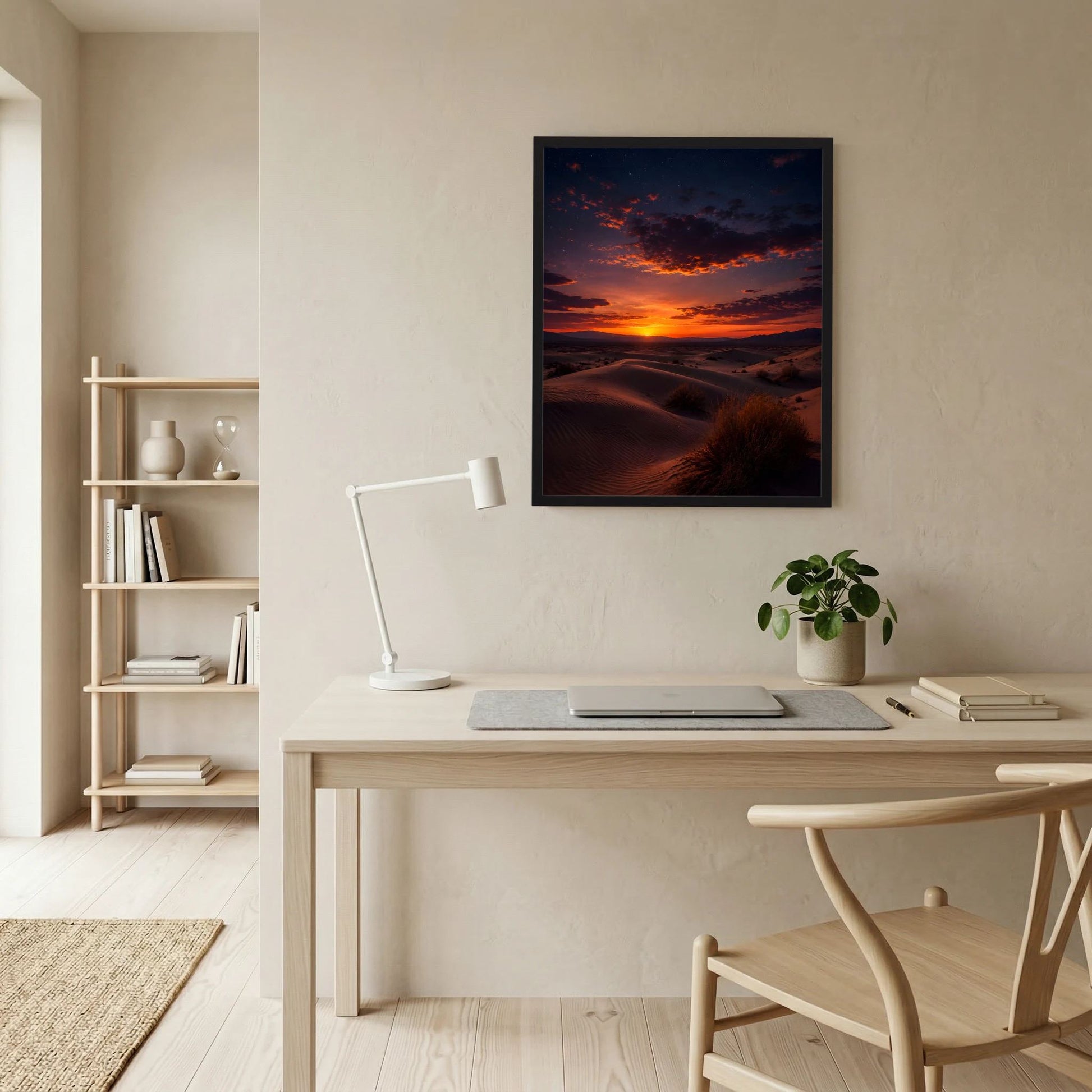 Wandposter im dunklen Rahmen mit Wüstenlandschaft und Sonnenuntergang