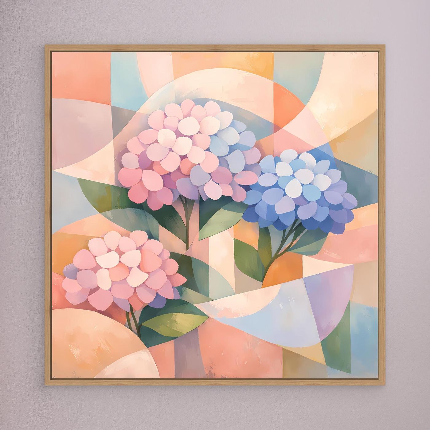 Leinwandbild mit geometrischen Hortensien in Pastellfarben, Eichenrahmen