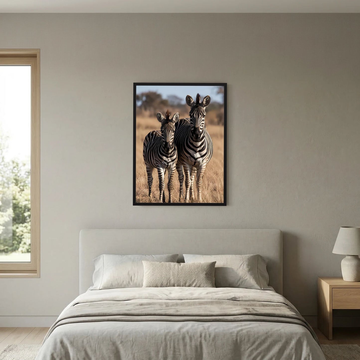 Zebra-Poster im Hochformat mit Zebramutter und Jungtier in der Steppe