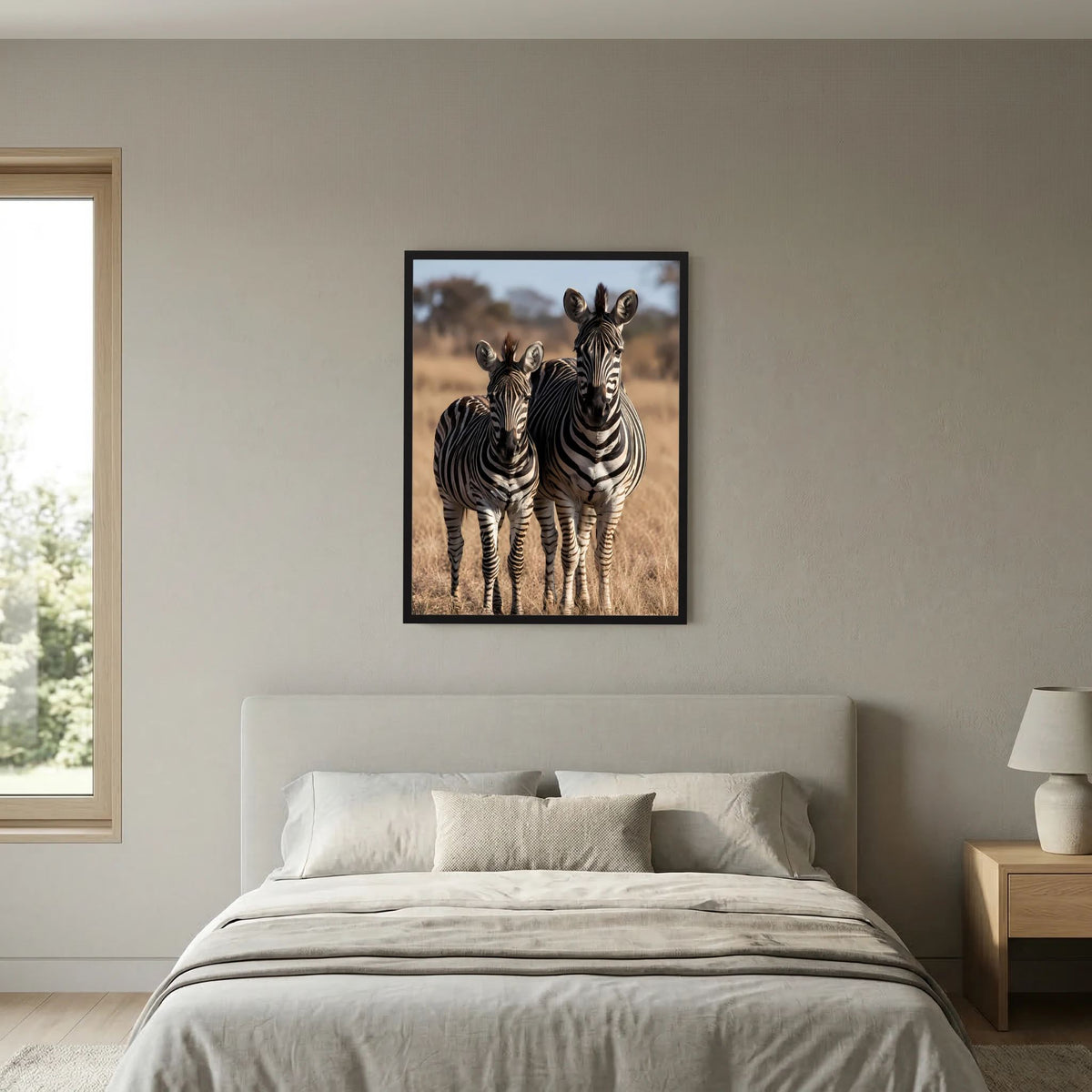 Zebra-Poster im Hochformat mit Zebramutter und Jungtier in der Steppe
