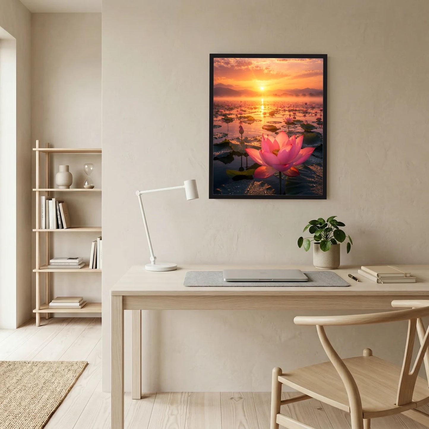 Wandposter mit rosa Lotusblüte bei Sonnenuntergang, gerahmt mit dunkler Umrandung