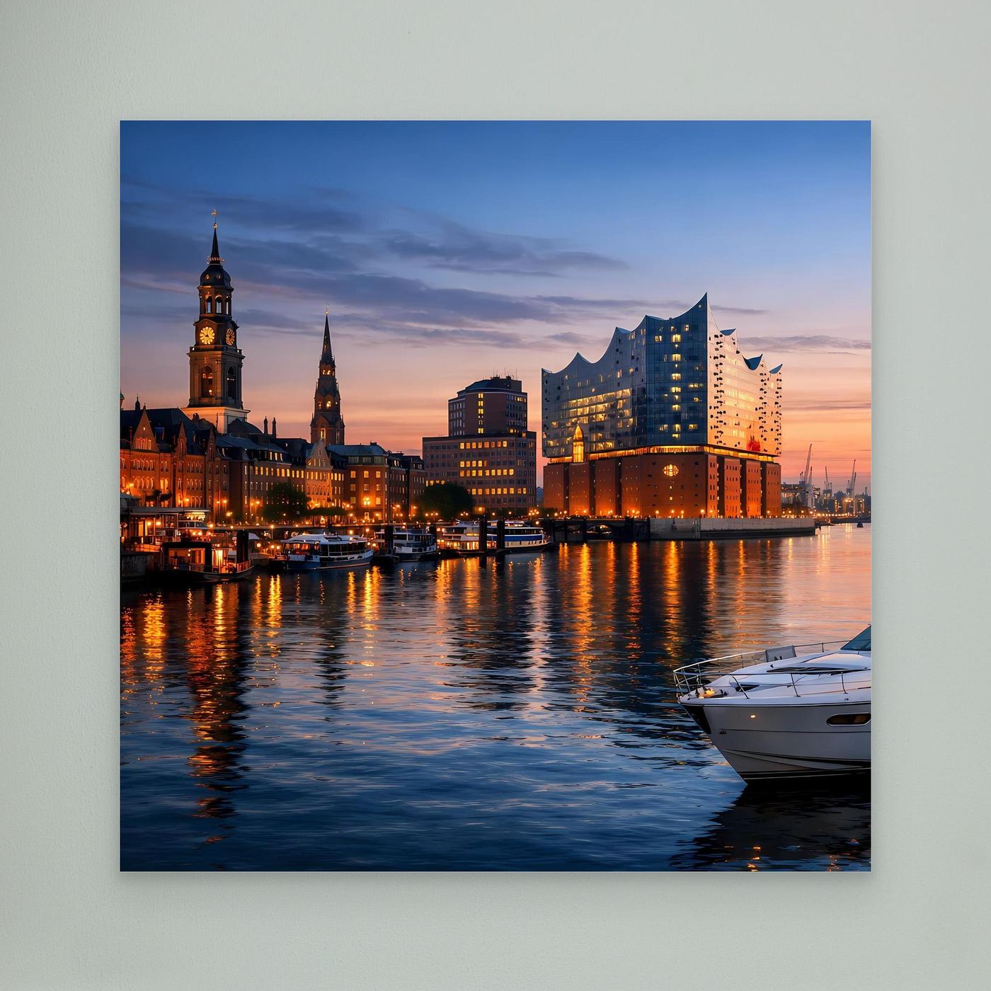 Leinwand-Wandbild mit Skyline am Wasser bei Dämmerung, beleuchtete Gebäude und Boot