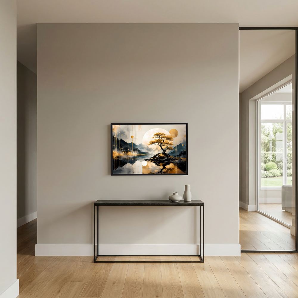 Gerahmtes Poster im Querformat: goldener Bonsai mit rundem Mond, abstrakte Wasser- und Berglandschaft