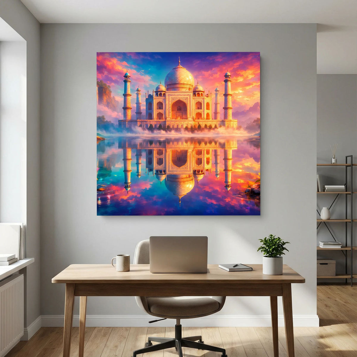 Leinwandbild mit Taj Mahal, goldene Kuppel und spiegelnde Wasseroptik