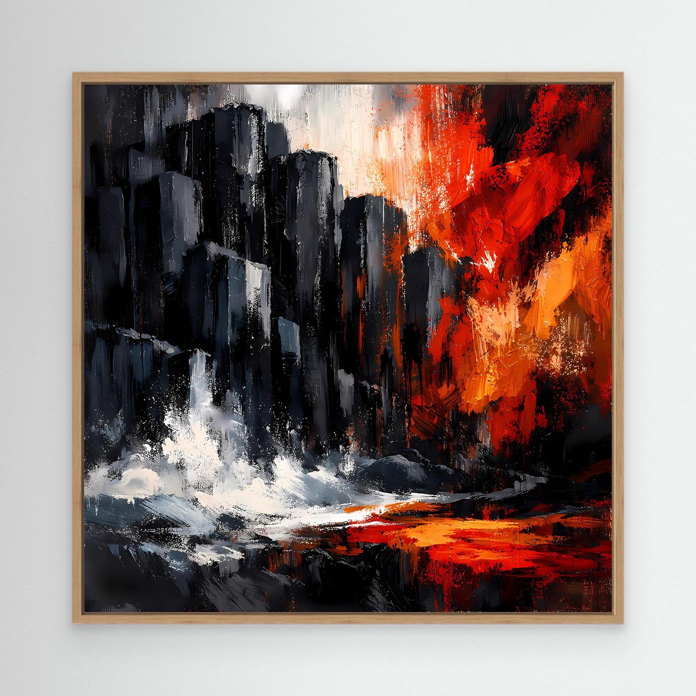 Abstraktes Leinwand-Wandbild mit Eichenrahmen: rote Felsen, Orange und weiße Spritzer