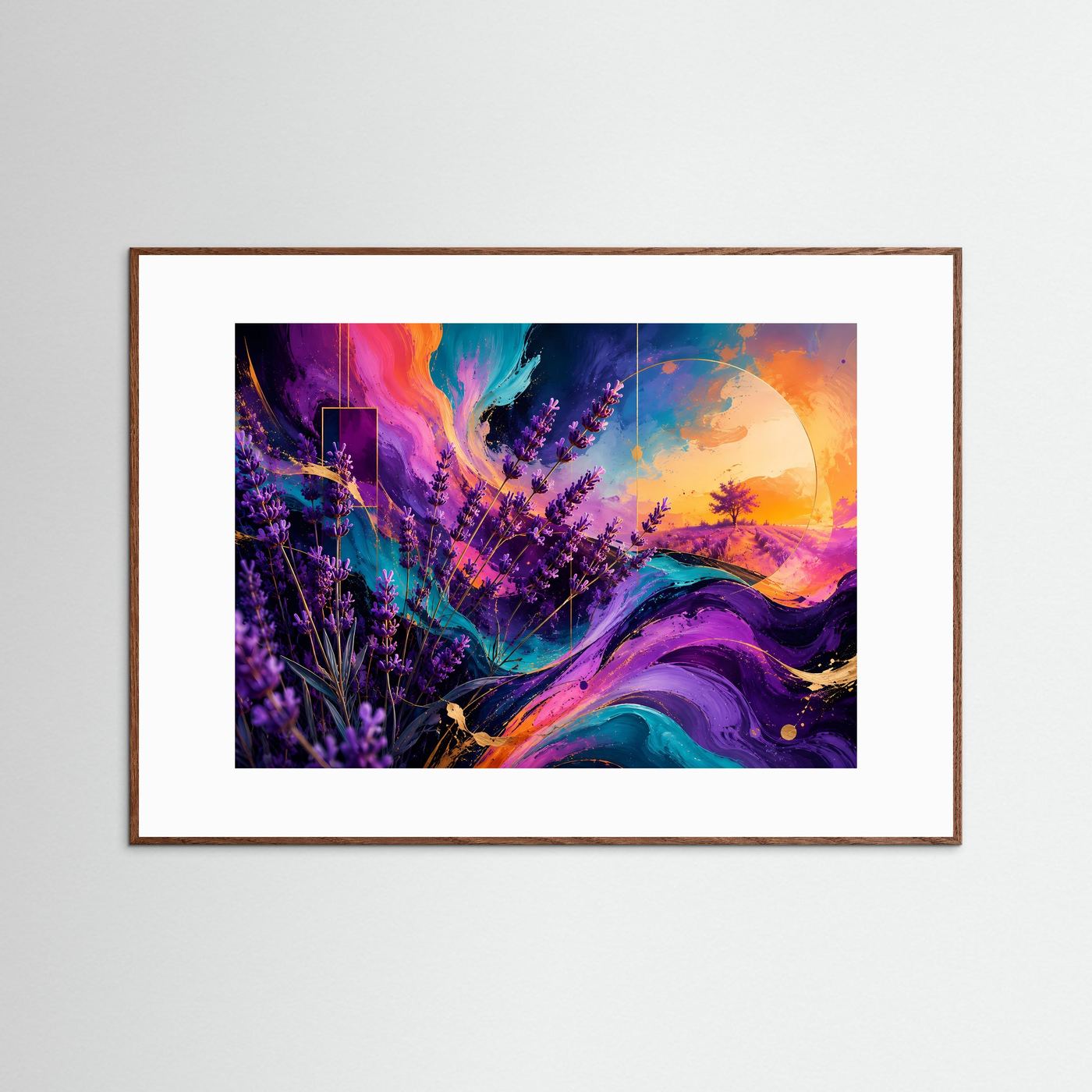 Abstraktes Lavendelfeld Wandbild | Moderne Lavendel Landschaft Kunst | Violett Türkis Sonnenuntergang | Farbenfrohe Botanical Wall Art | Premium Leinwand Poster