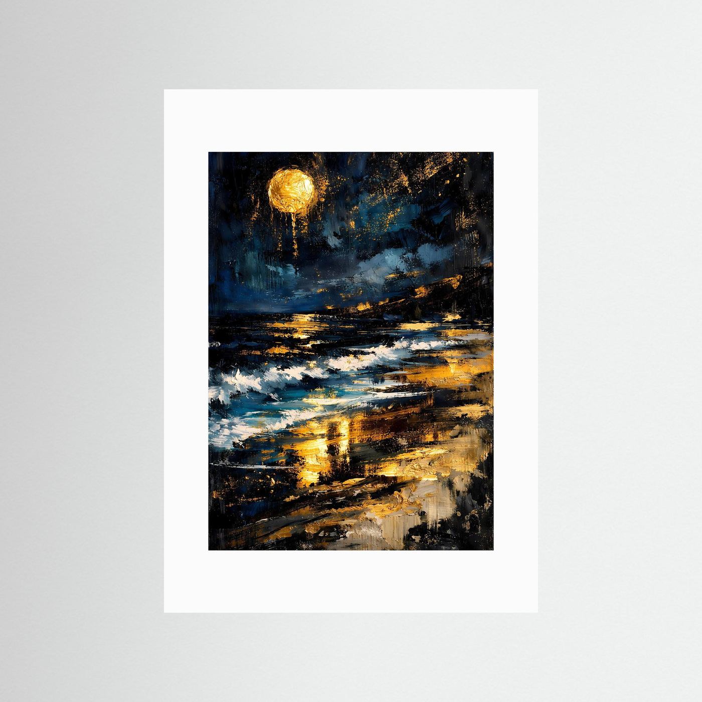 Abstraktes Poster: Meer mit Vollmond, dunkelblau-gold-schwarz, weißes Passepartout