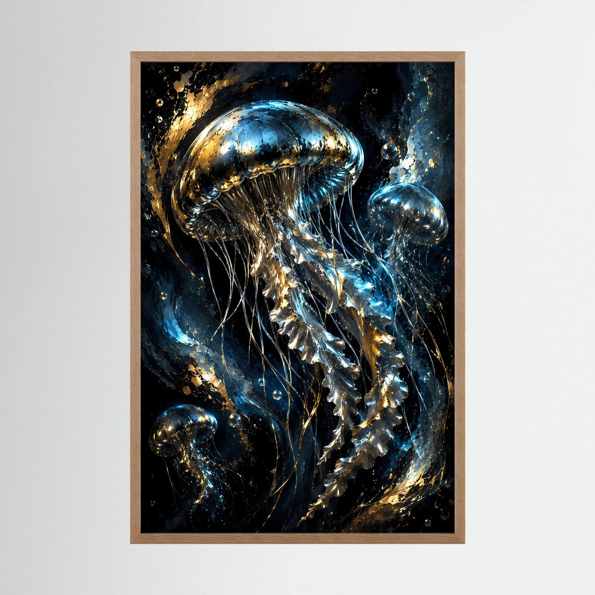 Gerahmtes Poster im Hochformat mit goldenen und blauen Quallen auf dunklem Hintergrund