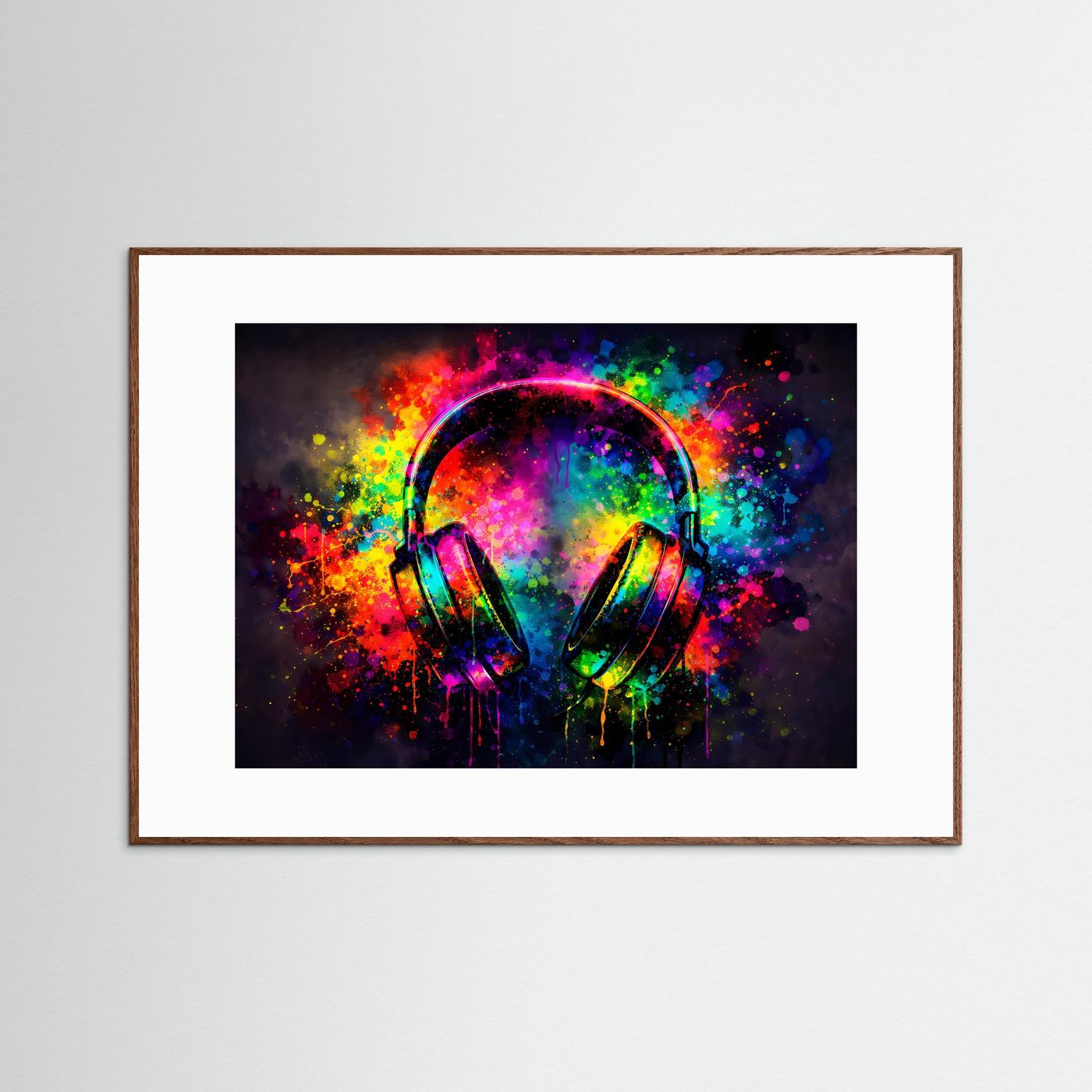 Musikposter mit leuchtenden Kopfhörern im Neon-Splash-Design, brauner Holzrahmen
