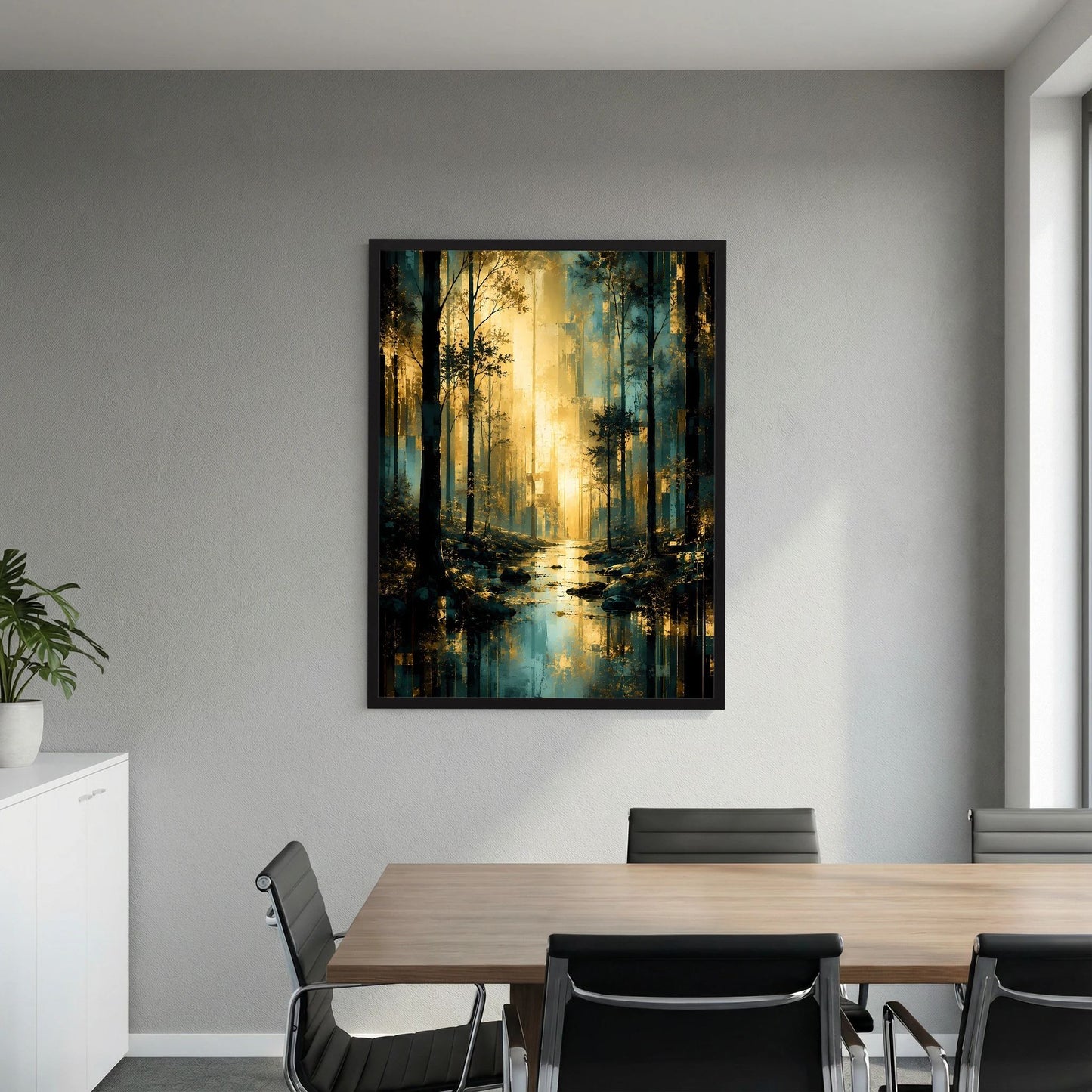 Waldlandschaft-Poster im Hochformat mit türkisblauem Wasserweg, goldener Lichtquelle, schwarzer Rahmen