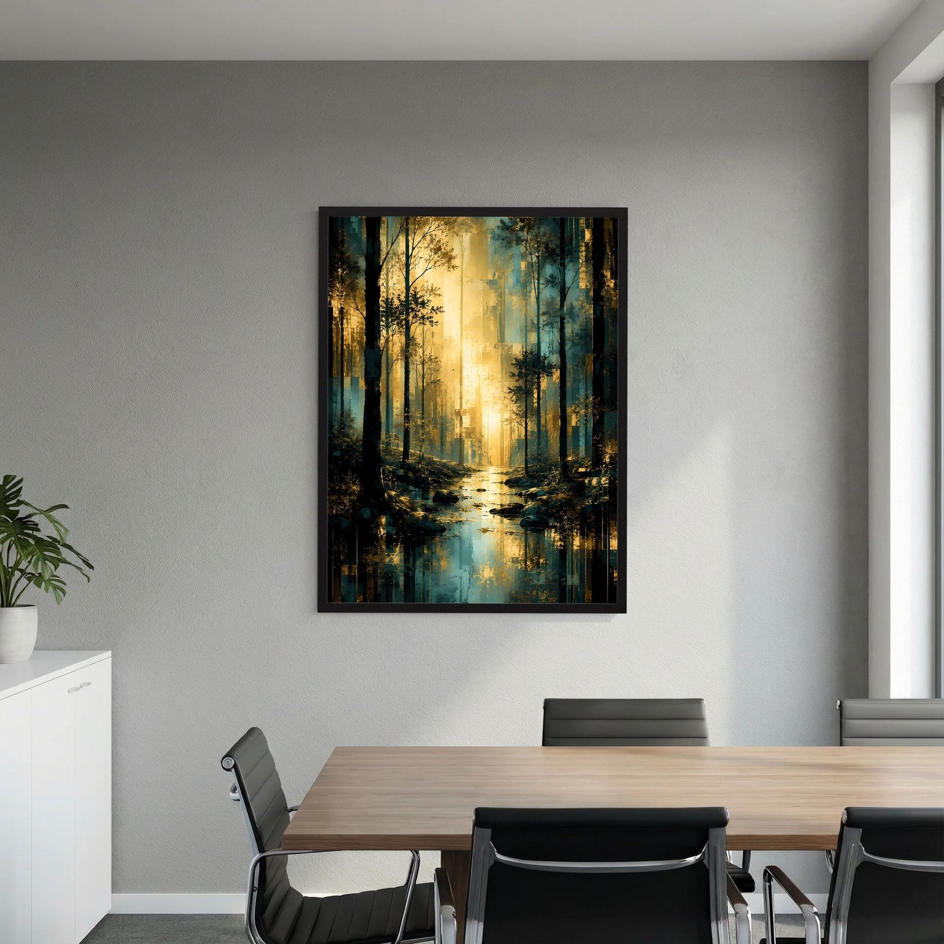 Waldlandschaft-Poster im Hochformat mit türkisblauem Wasserweg, goldener Lichtquelle, schwarzer Rahmen