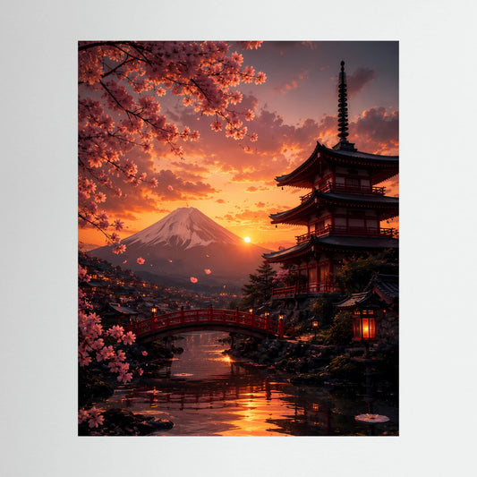 Poster im Hochformat mit japanischem Tempel, Kirschblüten und Vulkan bei Sonnenuntergang